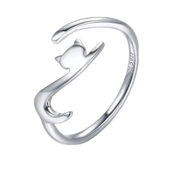 925 Sterling Silver Platinum Plated Cat Ring - Picture 1 of 5